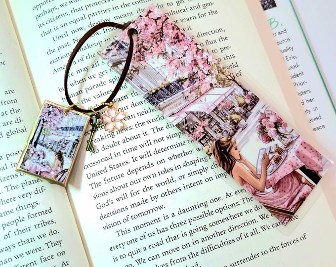 Paris Cafe Clay Charm Bookmark, Floral Reading Art, Book Lover Gift