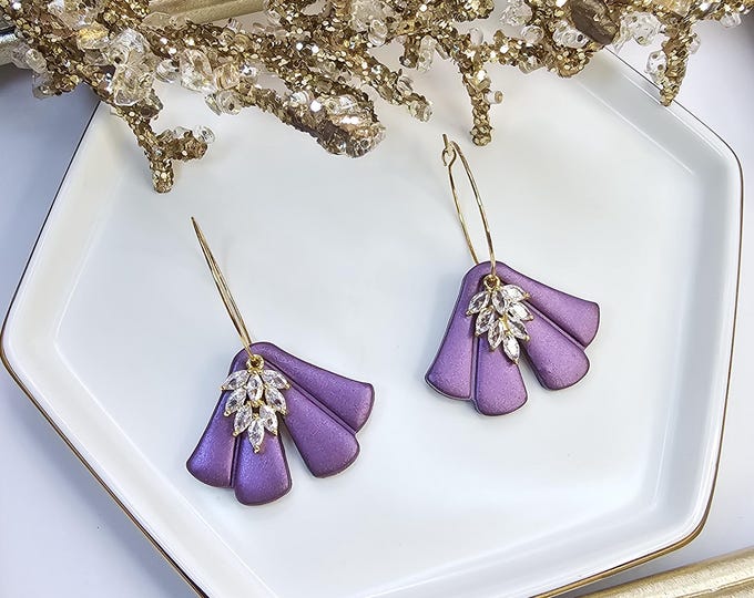 Purple Fan Clay Earrings with Crystal Leaf Charm – Handmade Hoop Dangles – One of a Kind Statement Jewelry