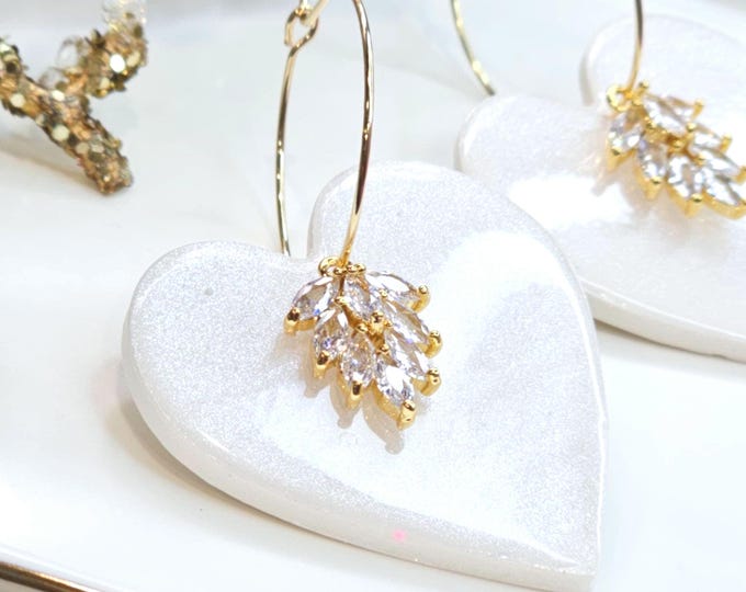 White Heart Earrings with Crystal Detail - Handmade Resin Statement Jewelry, Gold-Plated Elegant Earrings