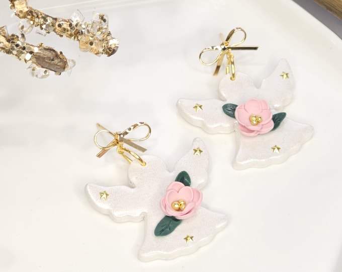 Angel Christmas Earrings  Handmade White Clay Earrings with Pink Floral Accent, Gold Stars and Bow,Lightweight Festive Jewelry, Gift for her