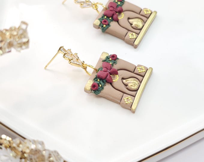 Fireplace Christmas Earrings with Red bow– Handmade Holiday Jewelry ,Clay Earrings with Gold Accents & Gold-Plated Posts, Christmas gift
