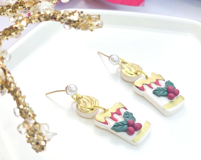 Festive Christmas Candle Earrings ,Handmade Polymer Clay Holiday Jewelry ,Gold and  Holly Dangle Earrings ,Christmas Gift for Women
