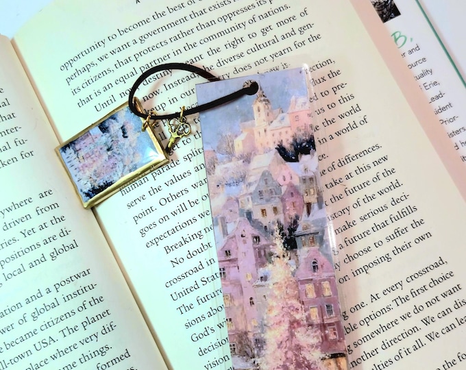 Handmade Winter Village Bookmark with Clay Charm