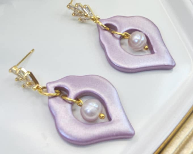 Lavender Pearl Drop Earrings – Handmade Clay Earrings with Gold Hoops – Shiny Statement Jewelry – One of a Kind Gift for Her