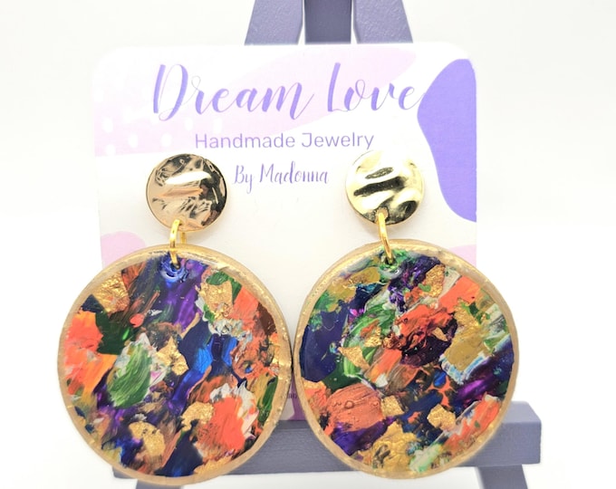 Hand-Painted Clay Earrings with Gold Leaf & Vibrant Abstract Colors | Unique Artisanal Statement Jewelry | Gold-Plated Posts