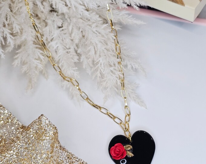 Large Black  Heart Necklace, Red Flower,Hearts Necklace,Valentine's Necklace, Valentine's Jewelry, Handmade clay Necklace,Papper clips chain
