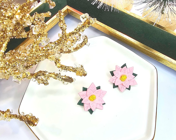 Pink Poinsettia Stud Earrings – Handmade Clay Earrings with Gold Center & Green Leaves, Festive Holiday Jewelry ,  Christmas Gift for her