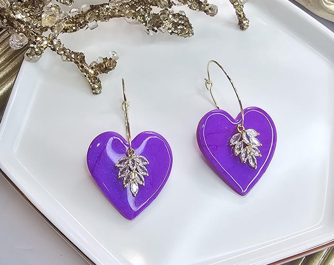 Handmade Large purple Heart Earrings with Crystal Detail - Resin-Coated Gold-Plated Hoop Jewelry, Statement Romantic Gift