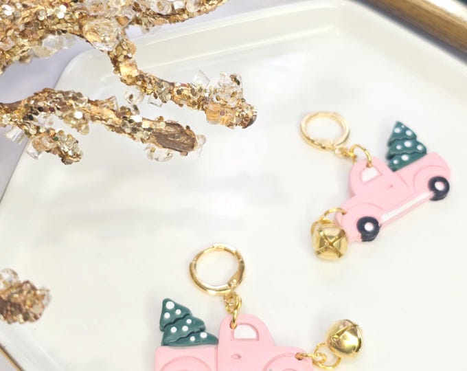 Pink Truck Christmas Earring – Handmade Clay Earring with Green Tree & Gold Bell, Festive Holiday Jewelry, Christmas gift for her