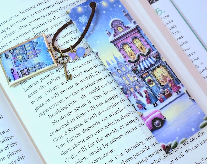 Winter City Bookmark, Handmade Clay Charm, Storybook Art