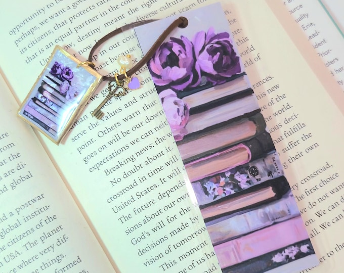 Floral Book Stack Bookmark with Clay Charm, Book Lover Gift