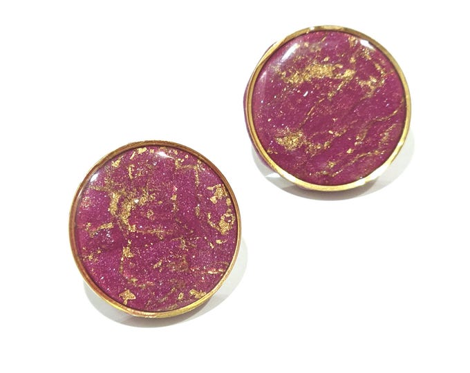 Gold Plated Round Marbled Clay Earrings with Resin and Gold Leaf | Handmade Burgundy & Gold Minimalist Earrings |One-of-a-Kind Statement