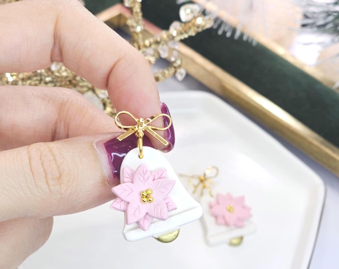 Christmas Bell Earrings – Handmade Clay Earrings with Pink Poinsettia & Gold Bow, Festive Holiday Jewelry , Christmas gift for her