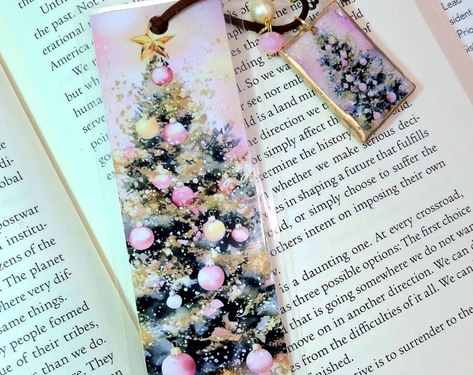 Handmade Christmas Tree Bookmark, Pink & Gold, Clay Charm, Book Lover Gift
