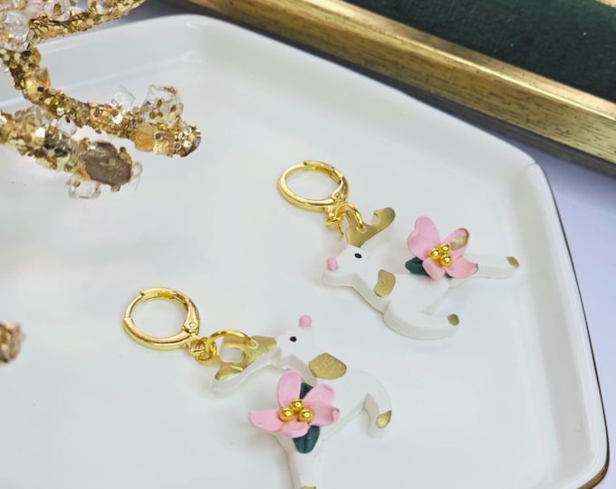 Reindeer Christmas Earrings – Handmade White Clay Earrings with Pink Floral Accents & Gold Details, Festive Holiday Jewelry, Christmas gift