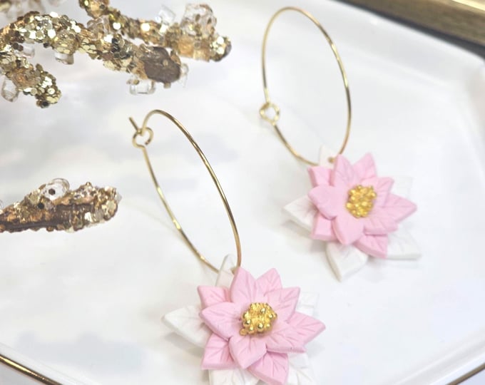 Poinsettia Hoop Earrings – Handmade Clay Earrings with Pink Flowers & Gold Details, Festive Holiday Jewelry , Christmas gift for her