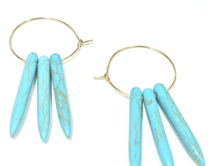 Handmade Turquoise Dagger Earrings with Gold-Plated Hoops | Boho Statement Earrings | Unique 50mm Tribal-Inspired Jewelry