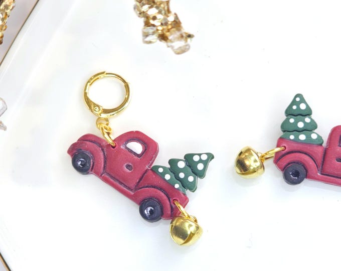 Red Truck Christmas Earring – Handmade Clay Earring with Green Tree & Gold Bell, Festive Holiday Jewelry, Christmas gift for her