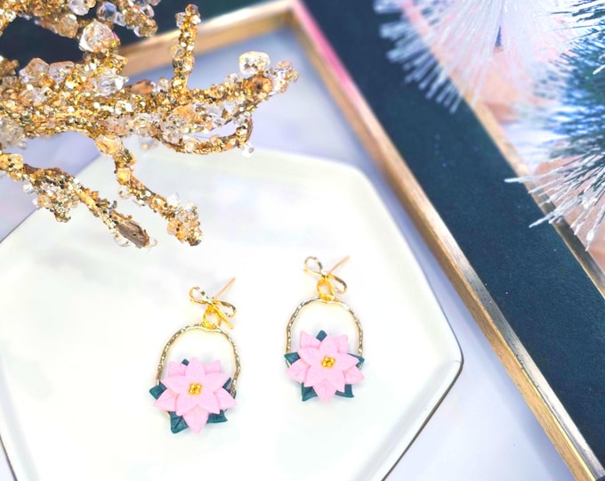 Pink Poinsettia Christmas Earrings – Handmade Festive Jewelry with Gold Bow & Hoop, Lightweight Resin Clay Earrings for Women