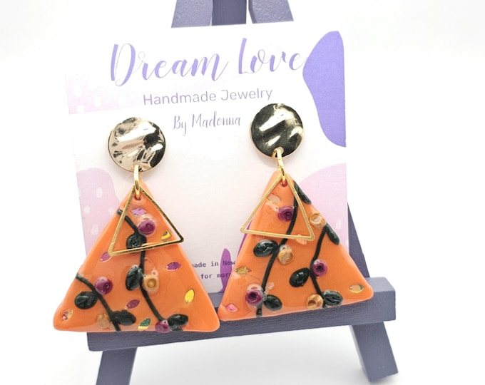 One-of-a-Kind Handmade Clay Earrings with Resin & Sparkles | Floral and Leaf Design on Gold-Plated Posts | Unique Orange Statement Jewelry