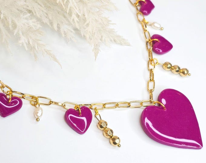 Large Burgundy Hearts Necklace, Hearts Necklace, Valentine's Necklace, Valentine's Jewelry,  Handmade clay Necklace, Papper clips chain
