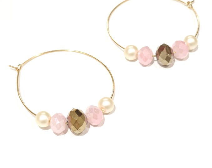 Gold Hoop Earrings with Pink and Gold Beads – Elegant Handmade Jewelry with Pearl Accents, Boho Chic Design