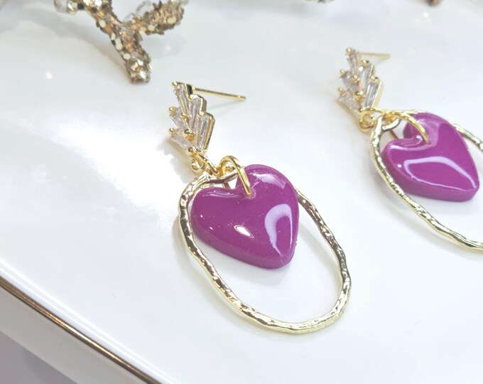 White Heart Earrings with Gold Hoop and Cubic Zirconia Studs - Handmade Resin Jewelry - Unique Bridal or Everyday Accessory