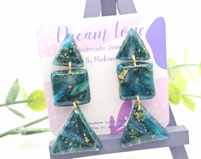 Unique Marbled Clay Earrings with Gold Leaf and Resin | Handmade Statement Jewelry | Blue and Green Dangle and Hoop Variations, Gift for her