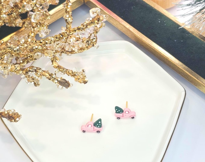 Pink Truck Stud Earrings – Handmade Clay Earrings with Christmas Tree Detail, Festive Holiday Jewelry , mini Christmas car