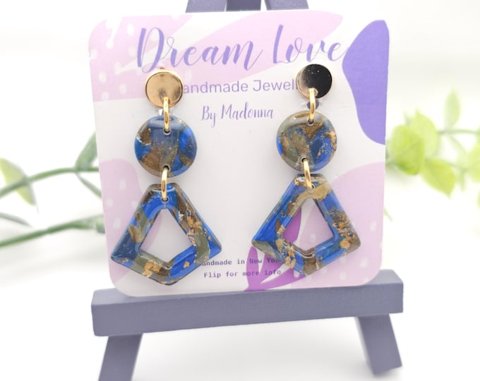 Unique marbled clay Blue, Olive Green & Gold Clay Jewelry Collection – Artisan Earrings, Necklace, Bracelet – One-of-a-Kind Statement Access