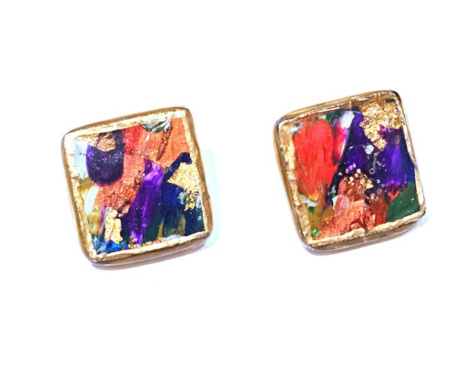 Hand-Painted Square Stud Earrings with Gold Leaf and Resin Finish | Unique Colorful Statement Jewelry | Gold-Plated Posts | 15mm Art Earring