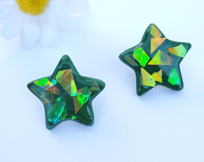 Christmas star green sparkly earrings/ Christmas stud handmade earrings/ Large star stud/ clay earrings/green stud earrings/ gifts under 30