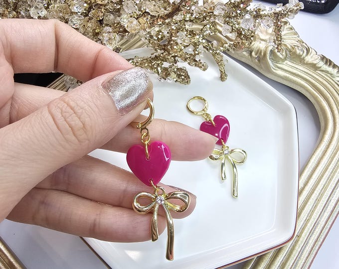 Unique Fuchsia Heart Earrings with Gold Bow, Handmade Resin Dangle Earrings, Elegant One-of-a-Kind Jewelry