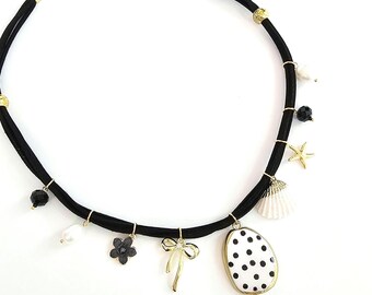 Polka Dot Clay Charm Necklace: Shell, Pearl & Gold Bow - Black Suede