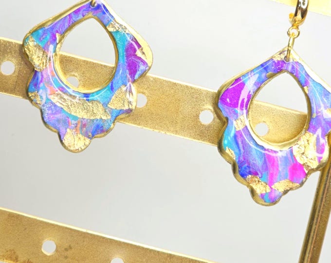 Handpainted Scalloped Drop Earrings with Gold Leaf – Unique Colorful Resin Earrings – One of a Kind Jewelry Gift