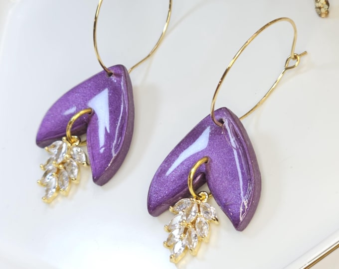 Purple Leaf-Shaped Clay Earrings with Crystal Dangles – Handmade Drop Earrings with Gold Hoops – Elegant Statement Jewelry Gift