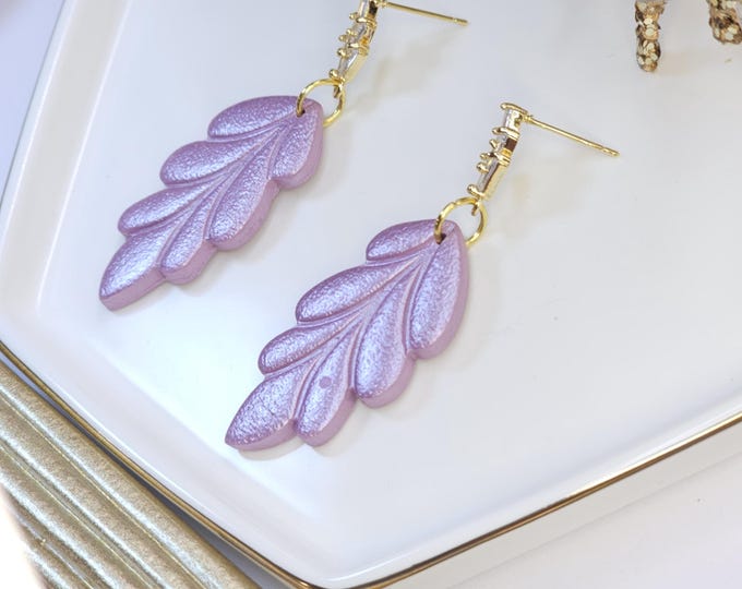 Lilac Leaf Dangle Earrings – Handmade Clay Jewelry with Crystal Studs – Gold-Plated Post – Lightweight Resin Finish – Dream Love Original