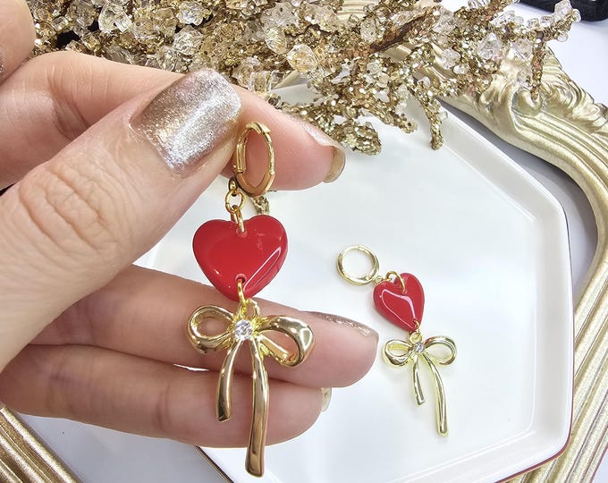 Unique Red Heart Earrings with Gold Bow, Handmade Resin Dangle Earrings, Elegant One-of-a-Kind Jewelry
