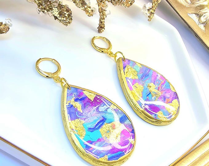 Handpainted Teardrop Clay Earrings with Gold Foil | Colorful Resin Drop Earrings | One-of-a-Kind Art Jewelry | Gold Hoop Statement Earrings