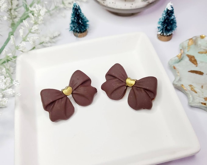Brown bow stud earrings | Christmas earrings | polymer clay earring | handmade jewelry | handmade earring | gift for her | clay earrings