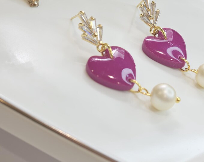 Romantic Burgundy Heart Dangle Earrings with Pearl - Gold-Plated Handmade Valentine's Day Jewelry