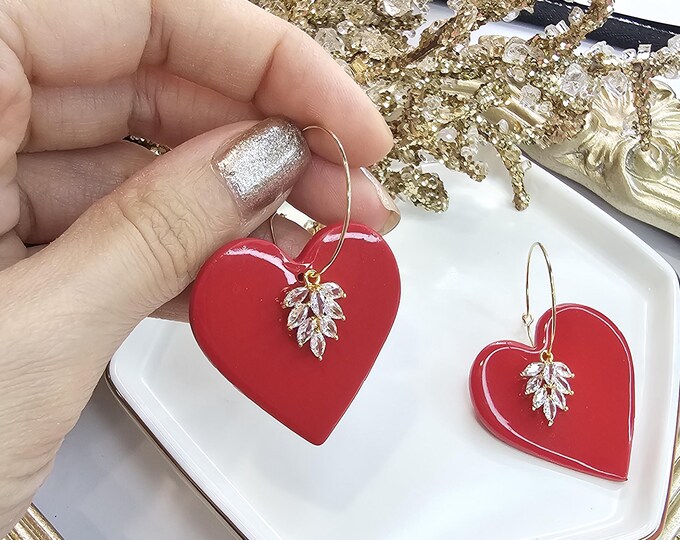 Handmade Large Red Heart Earrings with Crystal Detail - Resin-Coated Gold-Plated Hoop Jewelry, Statement Romantic Gift
