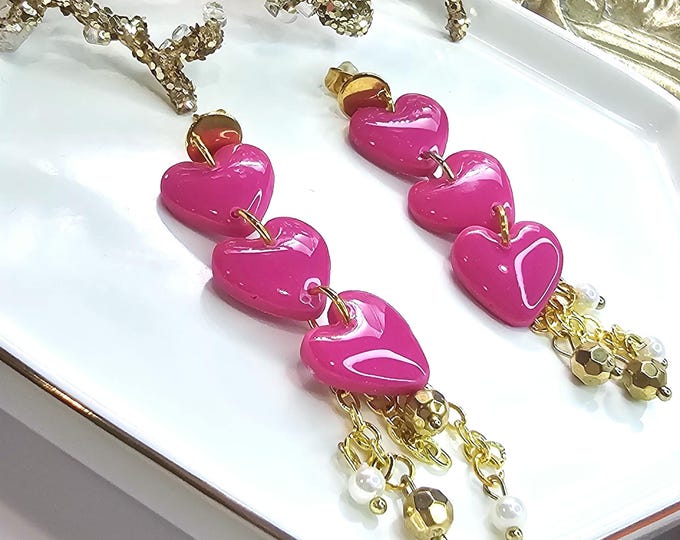 Pink Heart Dangle Earrings - Handmade Resin-Coated Earrings with Gold-Plated Posts - Lightweight & Unique Jewelry Gift