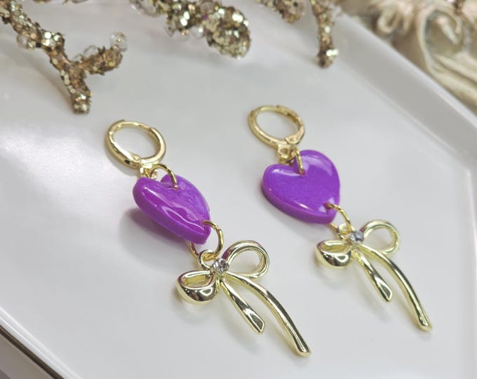 Unique Purple Heart Earrings with Gold Bow, Handmade Resin Dangle Earrings, Elegant One-of-a-Kind Jewelry