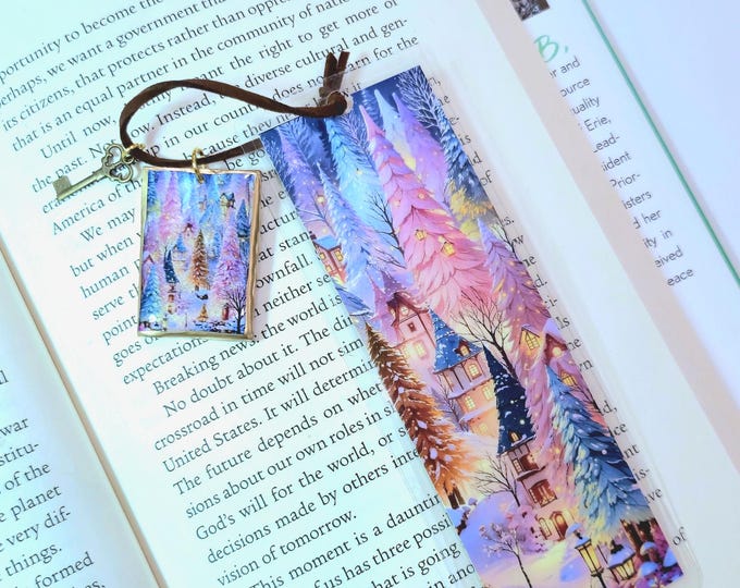 Winter Village Bookmark, Handmade Clay Charm, Faux Leather Cord