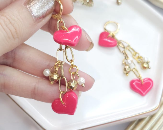 Unique Rasberry red Heart Clay Earrings - Resin-Coated Dangle Earrings with Gold-Plated Posts, One-of-a-Kind Handmade Jewelry