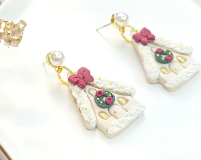 Beige and Red Gingerbread House Christmas Earrings – Handmade Holiday Jewelry – Festive Resin Clay Earrings with Gold-Plated Posts for Women