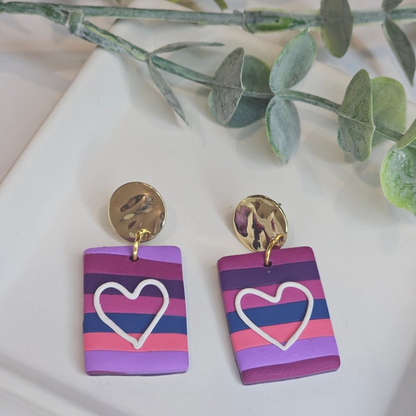 Valentine's Earrings, clay earring, purple pink, navy striped handmade earring, striped colorful, white heart clay earring,gift for her