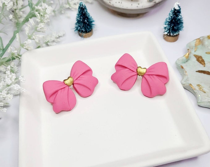 Pink bow earrings, bow stud | Valentine's earrings | polymer clay earring | handmade jewelry | handmade earring | gift for her | clay earrin