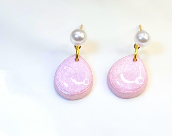 Pink Pearl Drop Clay Earrings – Handmade Resin-Coated Studs with Gold Plated Posts – Unique Feminine Jewelry Gift